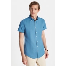 Tudors Erkek Slim Fit Dar Kesim Kısa Kollu Spor Yaka Oxford Doku Pamuklu İndigo Gömlek-34364 İndigo