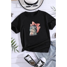 Uyguntarz Çocuk Cartoon Face Pamuklu Tshirt Antrasit - Siyah