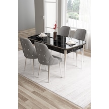 Canisa Tia Serisi 80x132 Mdf Açılabilir Siyah Mermer Desen Krom Detay Masa Takımı Ve 4 Gri Sandalye Masa Siyah Mermer Desen Sandalye Gri
