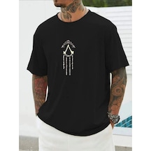 Altamira Erkek Siyah V Dikey Baskılı Oversize Bisiklet Yaka T-shirt 001