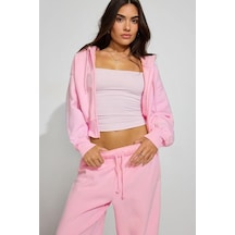 Pembe Crop Kapşonlu Fermuarlı Kadın Sweatshirt Mg2608 Pembe