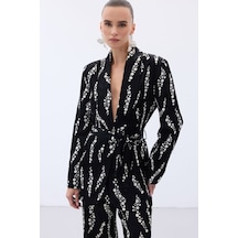 Sateen Desenli Uzun Ceket - Siyah-136474 Siyah