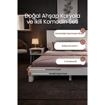 Alaz Dikey Çizgili Başlıklı Masif Doğal Ahşap Karyola Ve 2 Adet Komodin Seti