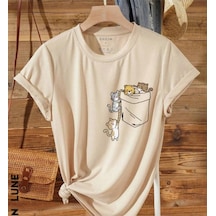 Kadın Kedi Cep Baskılı Regular T-shirt 001