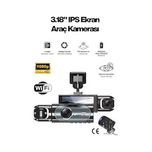 1080p Wi-fi Araç Kayıt Kamerası G-sensor 3 Lensli Hareket Algılama 3.18 İnç 4k 64 Gb Kart