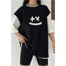 Startmore Startmore Siyah Oversize Çift Renk Smile Baskılı Unisex Tshirt Beyaz