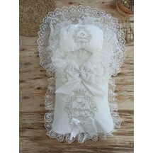 Yenidoğan Nil Taç Nakışlı Hayal Güpürlü Trilüks Kundak Bebek Battaniyesi 3lü Alt Açma Seti Bej Bej