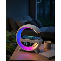 Kablosuz Şarjlı Led Işıklı Masa Saati Bluetooth Hoparlör Uczzzgoogledigital-1 Beyaz
