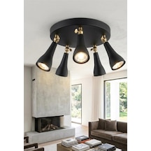 Modern Endüstriyel Retro Konik 5 Li Mafsallı Led Spot Tavan Avize Siyah 40 Cm Metal Gövde Os Ram Led Siyah