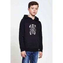 Tshirthane Horror Skull Baskılı Unisex Çocuk Kapüşonlu Siyah Sweatshirt Siyah