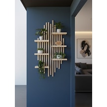 Ahşap Dekoratif Duvar Rafı - 120x60 Cm Modern Çıtalı Çiçeklik Bej