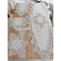 Salon Takımı Çeyizlik Krem Runner Set 5 Parça Keten Ranır Masa Konsol Sehpa Örtüsü Gülseda Sarı