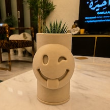 Bezos 3d Baskı Emoji Planter - Göz Kırpan Yüzlü Sukulent Saksısı-bej Dmc