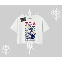 Tarzsokak Oversize Crop Tshirt Anime Kız Desenli Japon Tarzı Beyaz