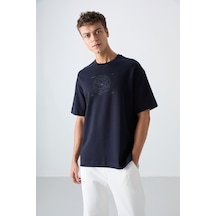 Tommy Life Lacivert Pamuklu Kalın Yumuşak Dokulu Oversize Fit Baskılı Erkek T-shirt - 88324 Lacivert