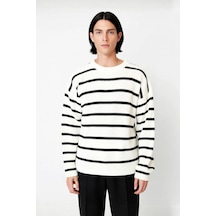 Ersefa Modern Erkek Gri Çizgili Oversize Bisiklet Yaka Akrilik Uzun Koll Ekru