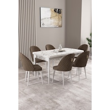 Milas Beyaz Mermer Desen 80x132 Mdf Açılabilir Mutfak Masası Takımı 6 Adet Sandalye Kahverengi