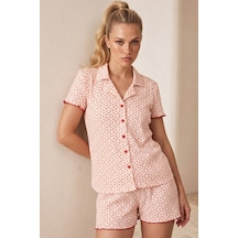 Siyah İnci Düğmeli Pointelli Örme Şortlu Pijama Takımı 26120280 Somon Kiraz
