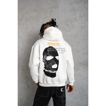 Erkek Maske Baskılı 3 İplik Pamuklu Kapüşonlu Sweatshirt Hoodie - Beyaz