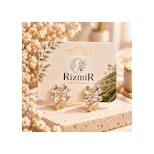 Gold Taşlı Yonca Kadın Küpe Altın