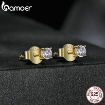 Altın Bamoer 925 Ayar Gümüş Basit Yuvarlak Mozanit Saplama Küpe Kadınlar İçin Klasik Nişan Düğün Güzel Takı Hediye Mse038-b