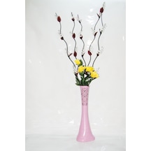 60 Cm Pembe Desenli Uzun Vazo 5 Adet Beyaz Salkım Üzüm 4 Sarı Gül