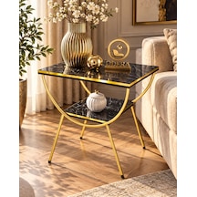 Odera Bendir Siyah Mermer Desenli Çift Raflı Yan Sehpa Komodin Metal Ayaklı Retro Modern Sehpa Diğer