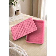 Desenli Kapaklı Dekoratif Kutu Masa Üstü Organizer Takı Aksesuar Saklama Kutusu Pla 20x12.5 Cm Pembe