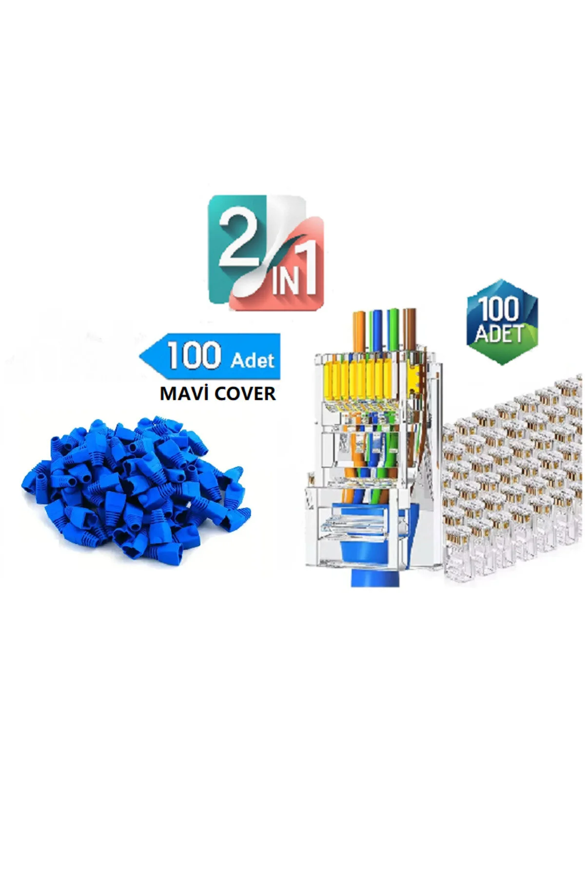 Yeni Nesil Rj45 Cat5 Cat6 Konnektör Delikli + 100'lü Paket Rj45 Cat6 Cat5 Koruma Kılıfı Mavi