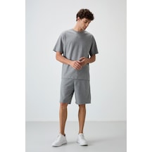 Tommy Life Gri Melanj Pamuklu Kalın Yumuşak Dokulu Oversize Fit Basic Erkek Şort Takım - 85249 GRİ MELANJ