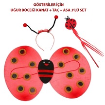 Çocuk Gösteri İçin Uğur Böceği Kanat + Taç + Asa 3&apos Lü Kostüm Seti Çok Renkli