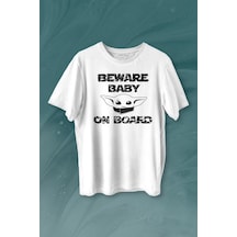 Baby Yoda Star Wars Mandalorian Beware Baby On Board Baskılı Tişört Unisex T-shirt 001