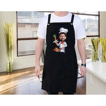 Bk Gift Kişiye Özel Erkek Chef Karikatürlü Profesyonel Siyah Mutfak Önlüğü, Aşçı Önlüğü, Şef Önlüğü, Arkadaşa -8 Siyah