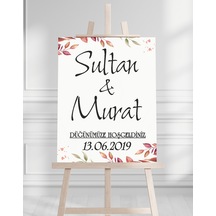 Söz Nişan Düğün İçin 50x70 Karşılama Panosu - Sonbahar Çiçek Tasarımlı 004 Beyaz