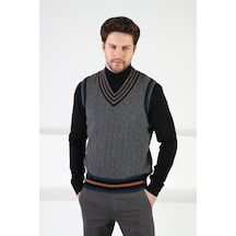 Ferraro Füme Örgü Desenli V Yaka %100 Kuzu Yünü Erkek Süveter