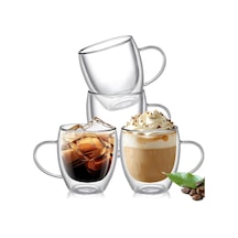 Çift Katmanlı Cam Kupa Bardak 250 Ml Lüx Çift Cidarlı Kupa - Termos Bardak - İki Duvarlı Yapısı İle Uzun Süre Sıcak-soğuk Tutma Özelliği, Kulplu Kahve Espresso Bardağı Brosilikat Double Layer Cup Açık Ahşap