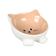 Flamingo Puzi Kedi Kulaklı Desenli Seramik Mama Ve Su Kabı Bej 125 Ml