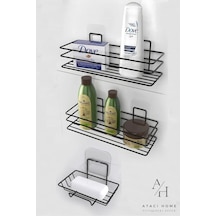 Atacı Siyah 3'lü Set Yapışkanlı Paslanmaz Banyo Rafı Sabunluk Şampuanlık Duşakabn Duş Askısı Seti Siyah