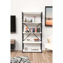 5 Geniş Raflı Kitaplık Metal Çerçeveli Modern Raf Çalışma Odası Ofis Salon Kitaplığı Evrak Rafı Beyaz