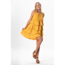 Askılı Kare Yaka Elfida Kat Kat Müslin Yazlık Kısa Elbise Hardal Hrd Hardal