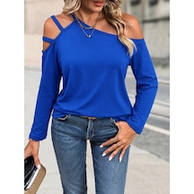 Butik İstanbul Kadın Uzun Kollu Omuzlardan Şerit Detaylı Viskon Bluz Saks Mavi
