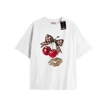 Flood Of Style Beyaz Oversize T-shirt Kiraz Kurdale Dudak Özel Tasarım