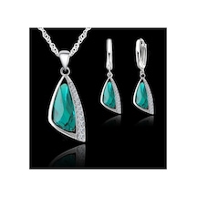 Tria - 925 Ayar Gümüş Kristal Taşlı Modern Üçgen Şeklinde Tasarım Kolye Küpe Seti Yeşil