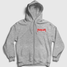 Presmono Unisex Logo Manowar Fermuarlı Kapüşonlu Sweatshirt Gri Melanj