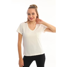V-yaka Basic Kadın Tişört Cepli-ekru