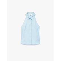 Koton Pamuklu Düğmeli Halter Kesim Kolsuz Poplin Gömlek Mavi 6sak60488pw