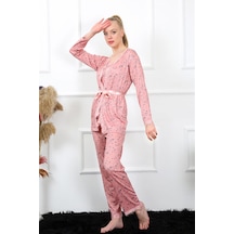 İbrahim Burak Etiler Collection Moda Çizgi Kadın 3'lü Gül Kurusu Sabahlık Pijama Takım 16103