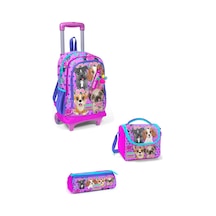 Kids Pembe Köpek Desenli Üç Bölmeli Çekçekli Okul 3'lü Çanta Seti 3set23950