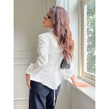 Kadın Arkası Bağcıklı Gömlek Slim Fit Günlük Ve Ofis Kombin Modern Tasarım Beyaz
