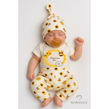 Babyden's Dayısının Balı Yazılı 3 Lü Bebek Takımı Pamuklu Kısa Kollu Çıtçıtlı Body, Arı Desenli Pantolon,bere Set Unisex Ekru